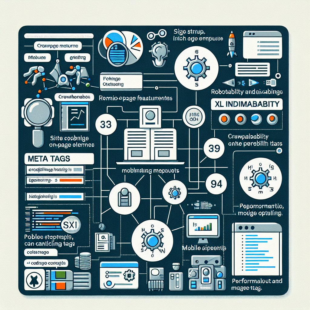 Image illustrant les concepts de SEO technique avec des schémas de sites web et éléments de code