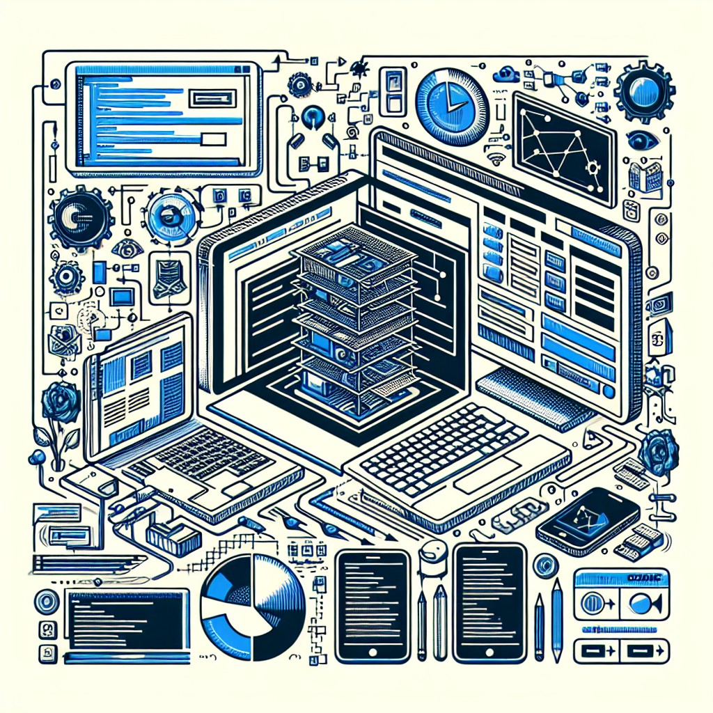 Une image représentant les composants techniques d'un site web, comme des diagrammes de structure de site ou des illustrations de vitesse de chargement.