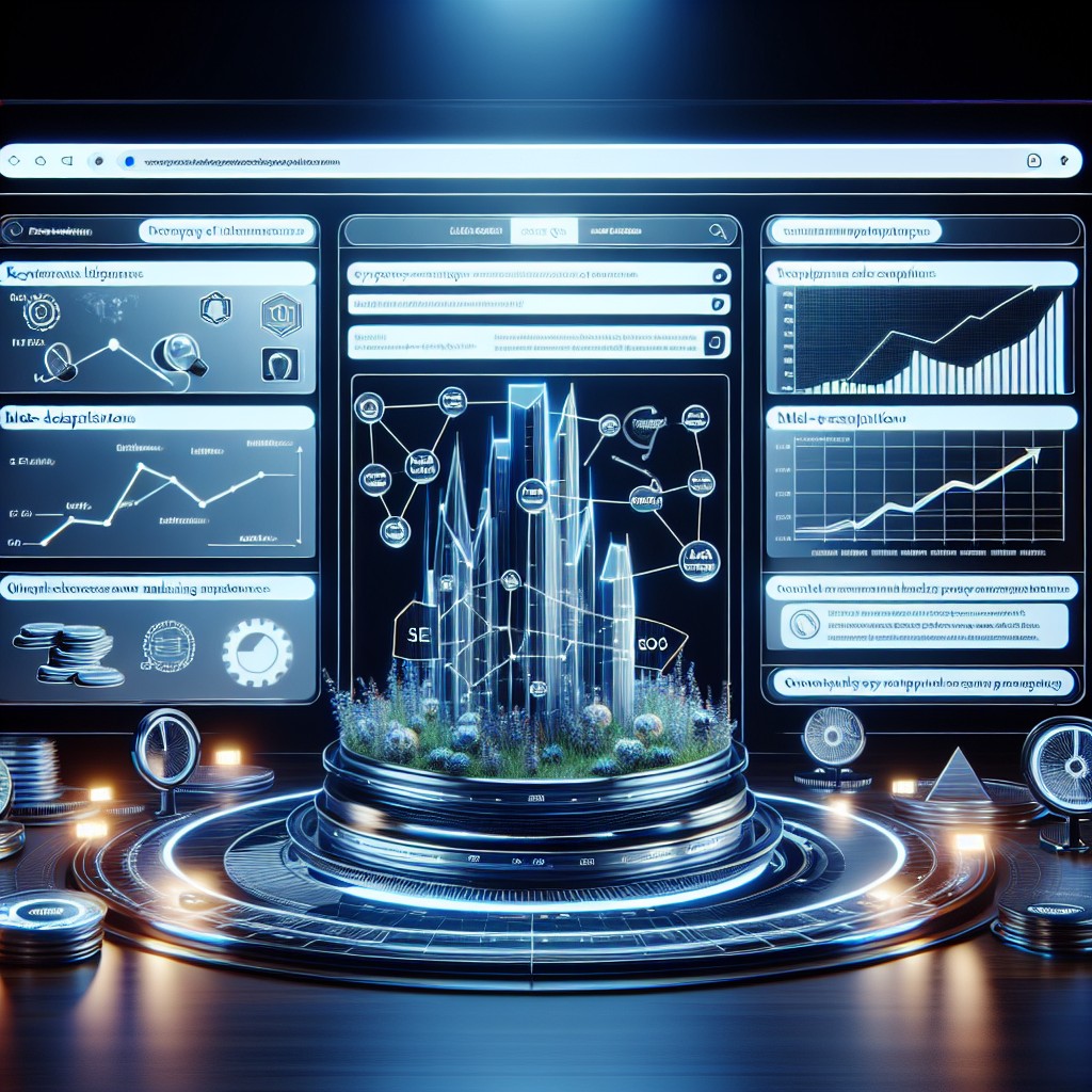 Image montrant des diagrammes SEO, graphiques de performance et une interface de site web illustrant des aspects techniques du SEO.