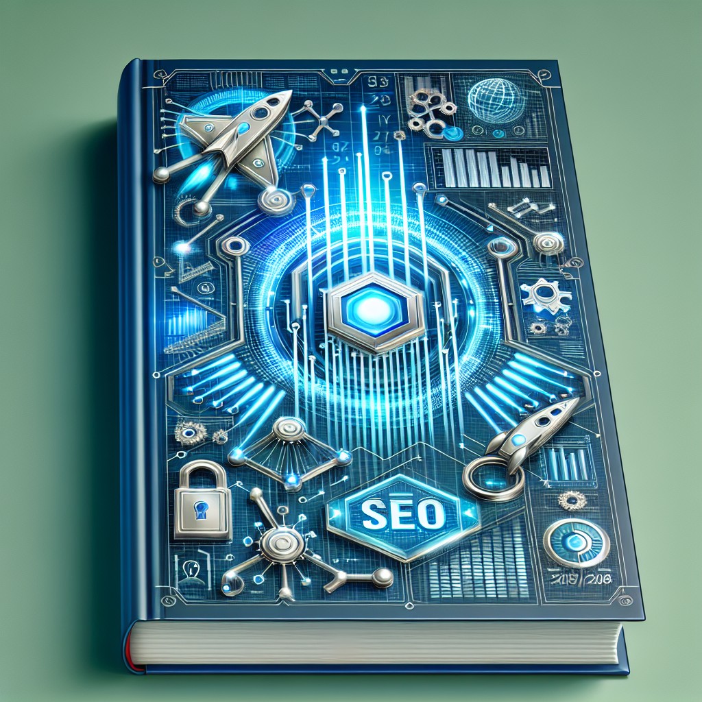 Couverture illustrant l'essor des technologies SEO en 2024 avec des icônes de SEO, des graphiques de performance et des symboles de sécurité en arrière-plan.