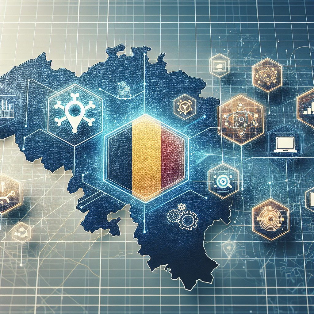 Couverture montrant des icônes de SEO, d'algorithmes et d'optimisation web sur un fond de carte de la Belgique