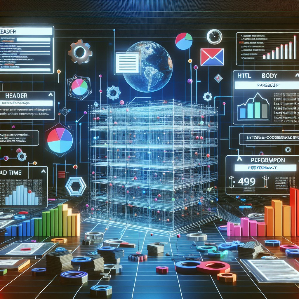 Image de couverture montrant une illustration de l'infrastructure d'un site web avec des éléments techniques comme des balises HTML et des graphiques de performance.