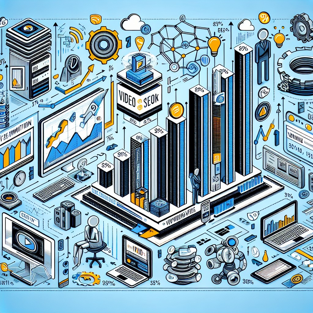 Un graphique montrant l'importance croissante des vidéos dans le SEO moderne, avec des éléments technologiques et des icônes de moteurs de recherche.
