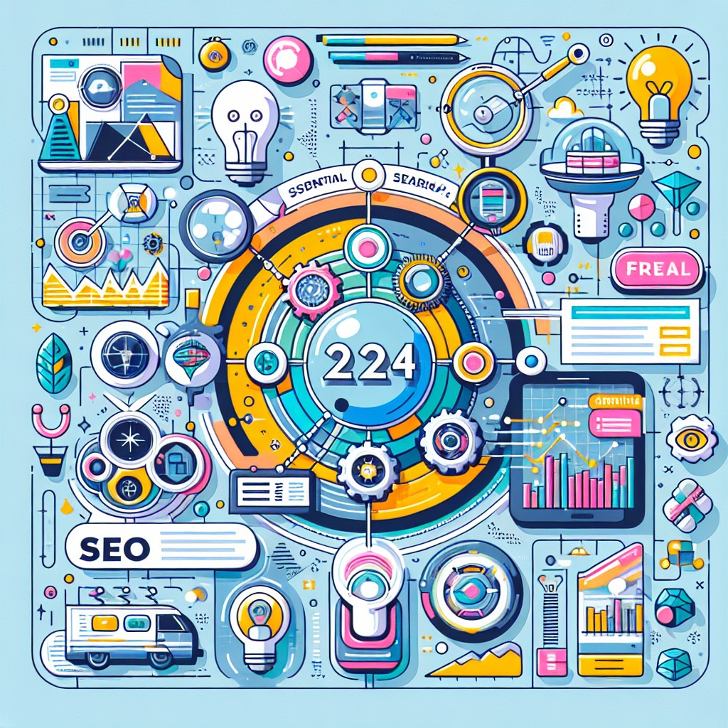 Un graphique moderne illustrant les techniques SEO essentielles pour 2024 avec des éléments comme l'intelligence artificielle et la recherche vocale.