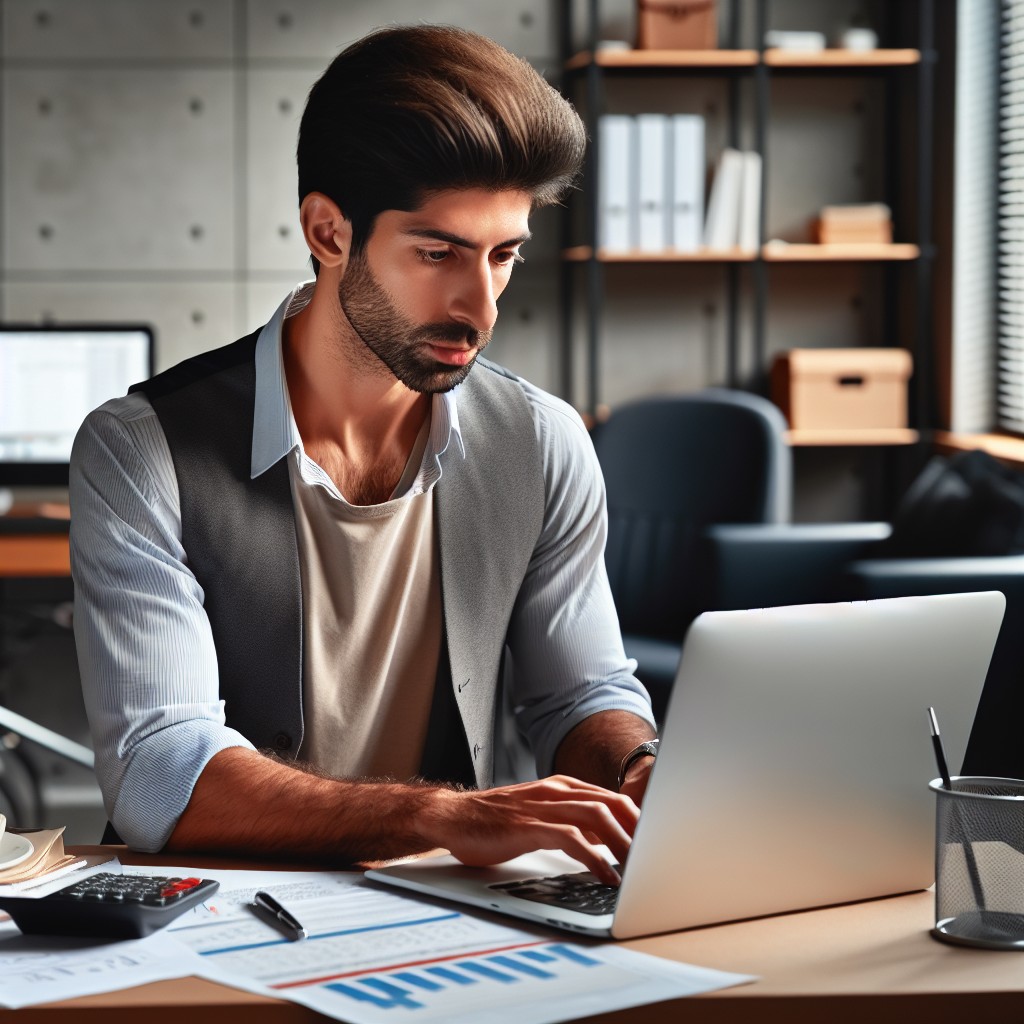 Entrepreneur utilisant un ordinateur portable pour gérer une entreprise en ligne.