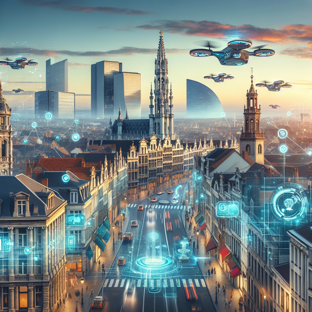 Vue de Bruxelles intégrant des éléments technologiques innovants pour illustrer le concept de Smart Tourism