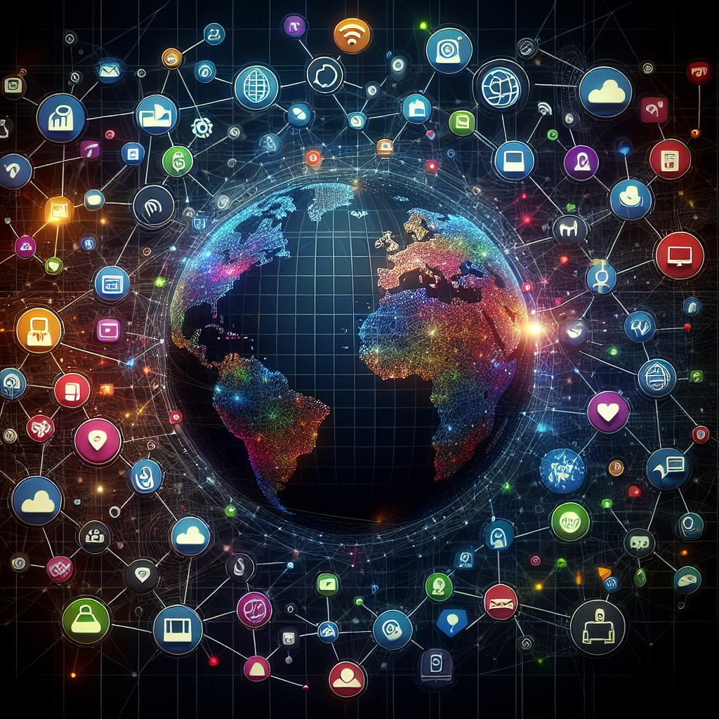 Image de couverture montrant un réseau numérique avec des connexions globales et des icônes représentant divers aspects de la présence digitale.