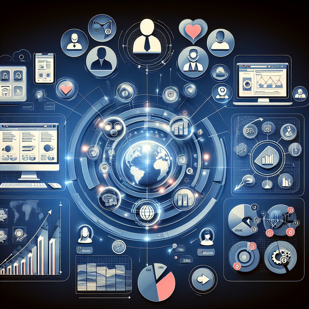 Une illustration mettant en avant les divers aspects de la présence digitale moderne, comme un site web, des outils CRM et des graphiques analytiques, symbolisant les stratégies de croissance digitale pour 2024.