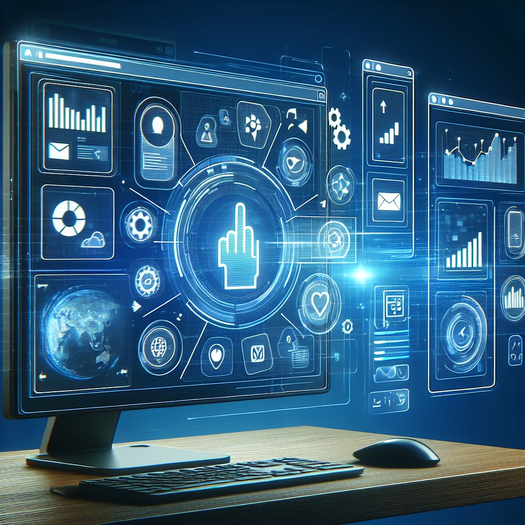 Image représentant une interface utilisateur numérique sur un écran d'ordinateur, symbolisant une présence digitale dynamique.