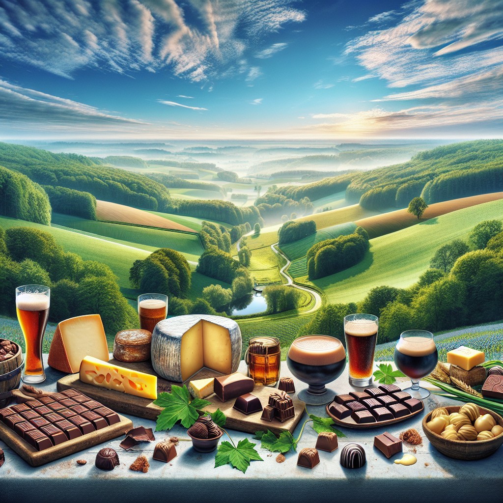 Across a lush Wallonian landscape, an array of local gastronomic delights are displayed: artisanal cheeses, craft beers, and luscious chocolates, inviting exploration and indulgence.