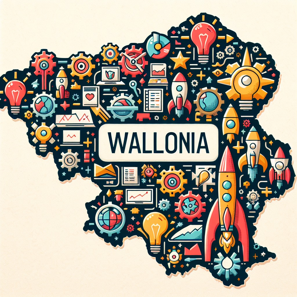 Une carte de la Wallonie avec des icônes symbolisant l'innovation et les start-ups.