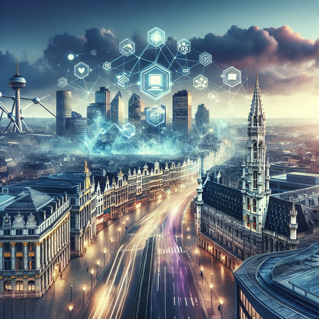 Image de couverture montrant un paysage urbain de Bruxelles avec des icônes technologiques flottant dans l'air, symbolisant l'essor des startups.