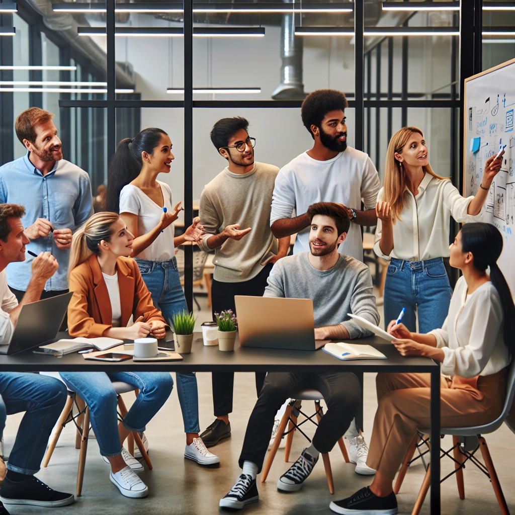 Vue d'ensemble d'une équipe startup tech en pleine discussion dans un espace de coworking moderne.