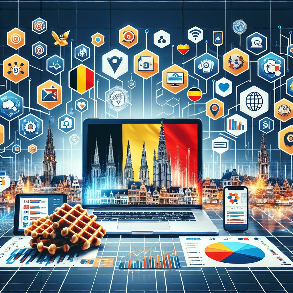 Une image illustrant diverses stratégies de marketing digital en Belgique, incluant des éléments visuels de médias sociaux, analytics et contenus localisés.