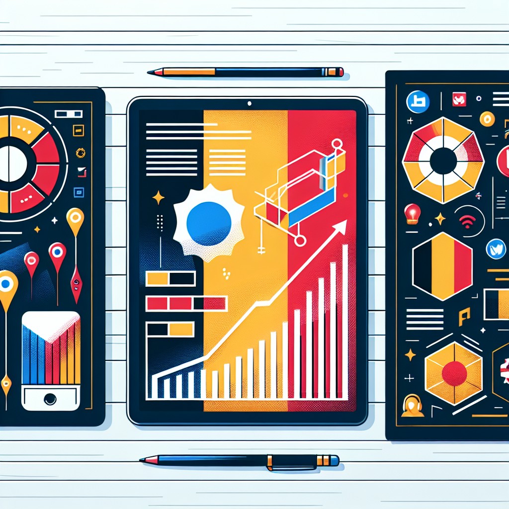 Image de couverture représentant des graphes analytiques, des éléments de contenu numérique et des drapeaux belges pour illustrer la stratégie de contenu en Belgique.