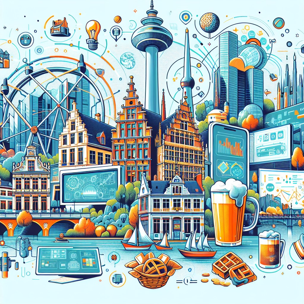 Illustration montrant la diversité culturelle et technologique de la Belgique, intégrant des éléments visuels de marketing digital.