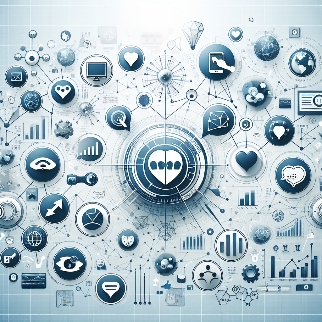 Image de couverture montrant un concept de stratégie de contenu digitale avec des icônes de médias sociaux et d'analyse de données.