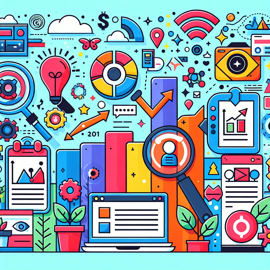 Illustration colorée représentant la stratégie de contenu pour PME, incluant des éléments numériques et de croissance.