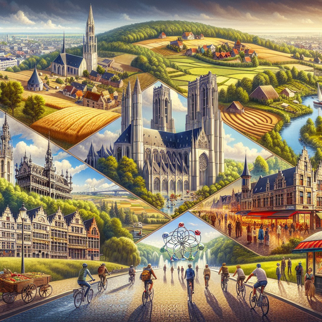 Un paysage de la Belgique montrant la diversité culturelle représentée par des éléments typiques de la Flandre, de la Wallonie et de Bruxelles-Capitale.