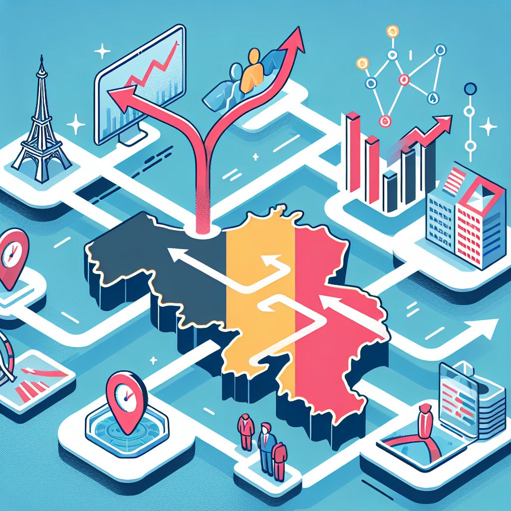 Illustration montrant une carte de la Belgique avec des flèches reliant différentes régions, symbolisant une stratégie de liens efficace.