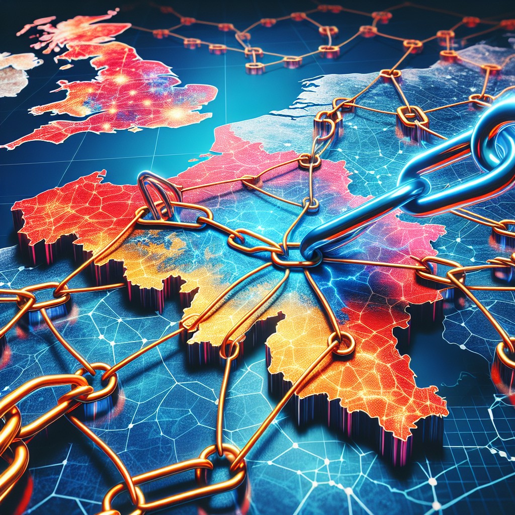 Graphique coloré illustrant le concept de netlinking et SEO avec des liens s'entrecroisant sur une carte de la Belgique