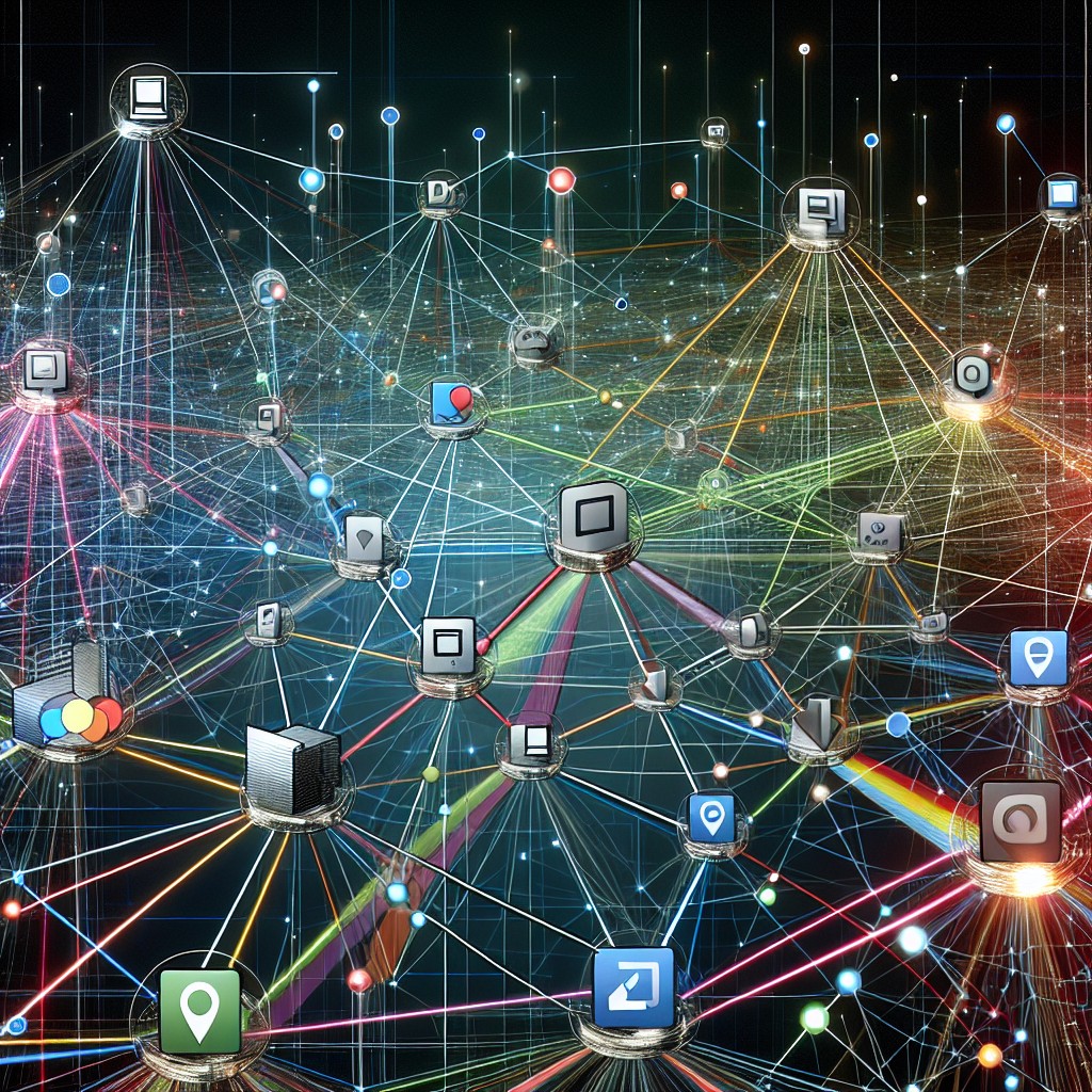 Illustration représentant des connexions numériques entre des sites web pour symboliser la construction de liens en SEO.