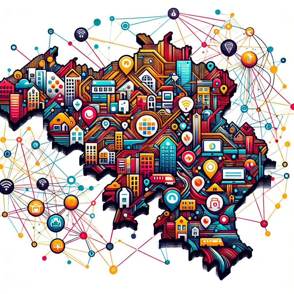 Vue artistique de l'écosystème numérique belge, mettant en évidence des entreprises locales et des connexions en ligne.