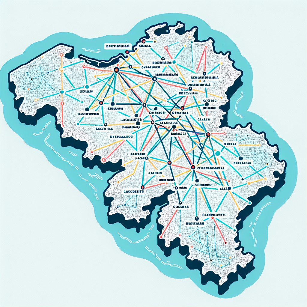 Illustration d'une carte de Belgique avec des liens connectant différentes villes.