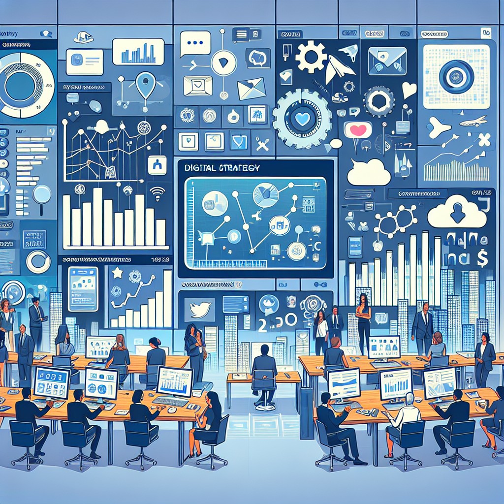 Illustration d'une entreprise sur un tableau de stratégie digitale avec des statistiques, des graphiques et des réseaux sociaux.