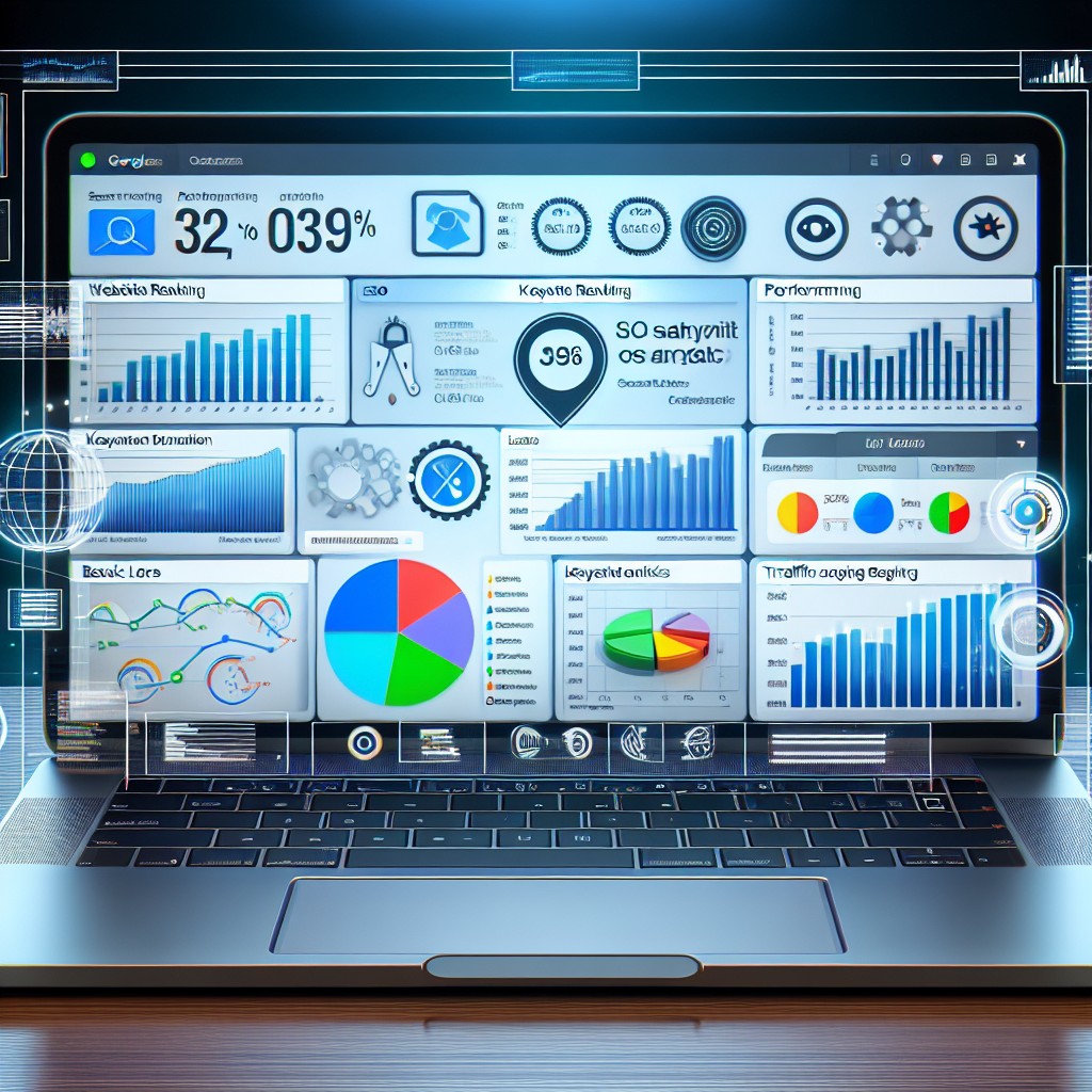 Ordinateur portable affichant un tableau de bord analytique SEO, avec des graphiques de performance et une vue sur des résultats de recherche.