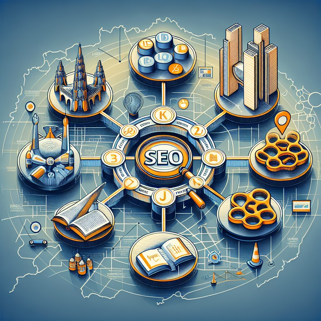 Tableau illustrant les différents aspects d'une stratégie SEO efficace, avec la Belgique en fond