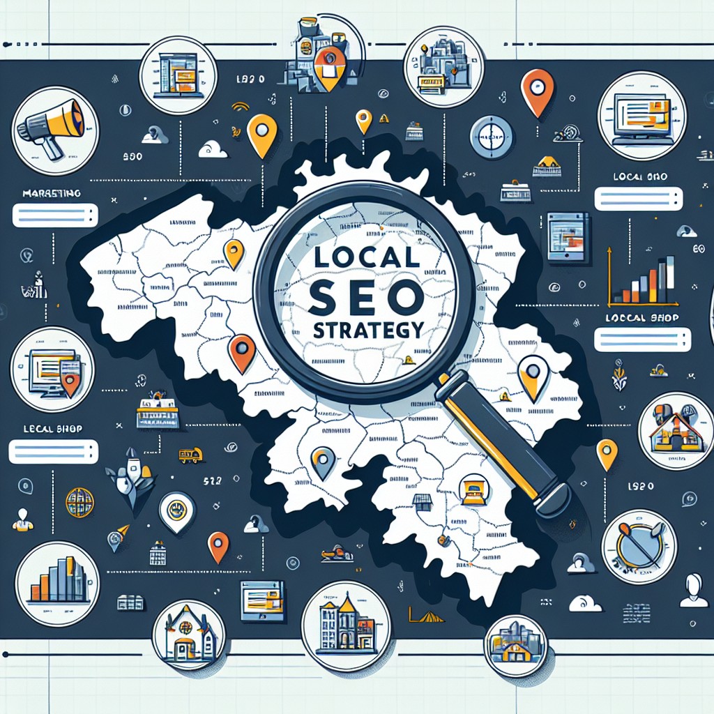 Un graphique illustrant une carte de la Belgique avec des icônes d'entreprise locales indiquant l'importance de la stratégie SEO locale.