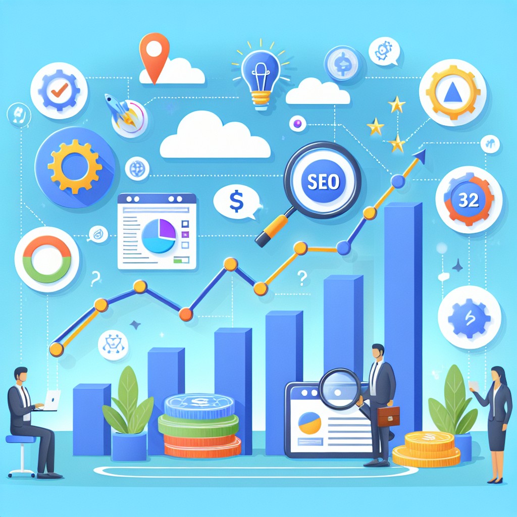 Un graphique illustrant l'importance du SEO pour les PME, avec des icônes représentant la croissance, la visibilité en ligne, et le succès.