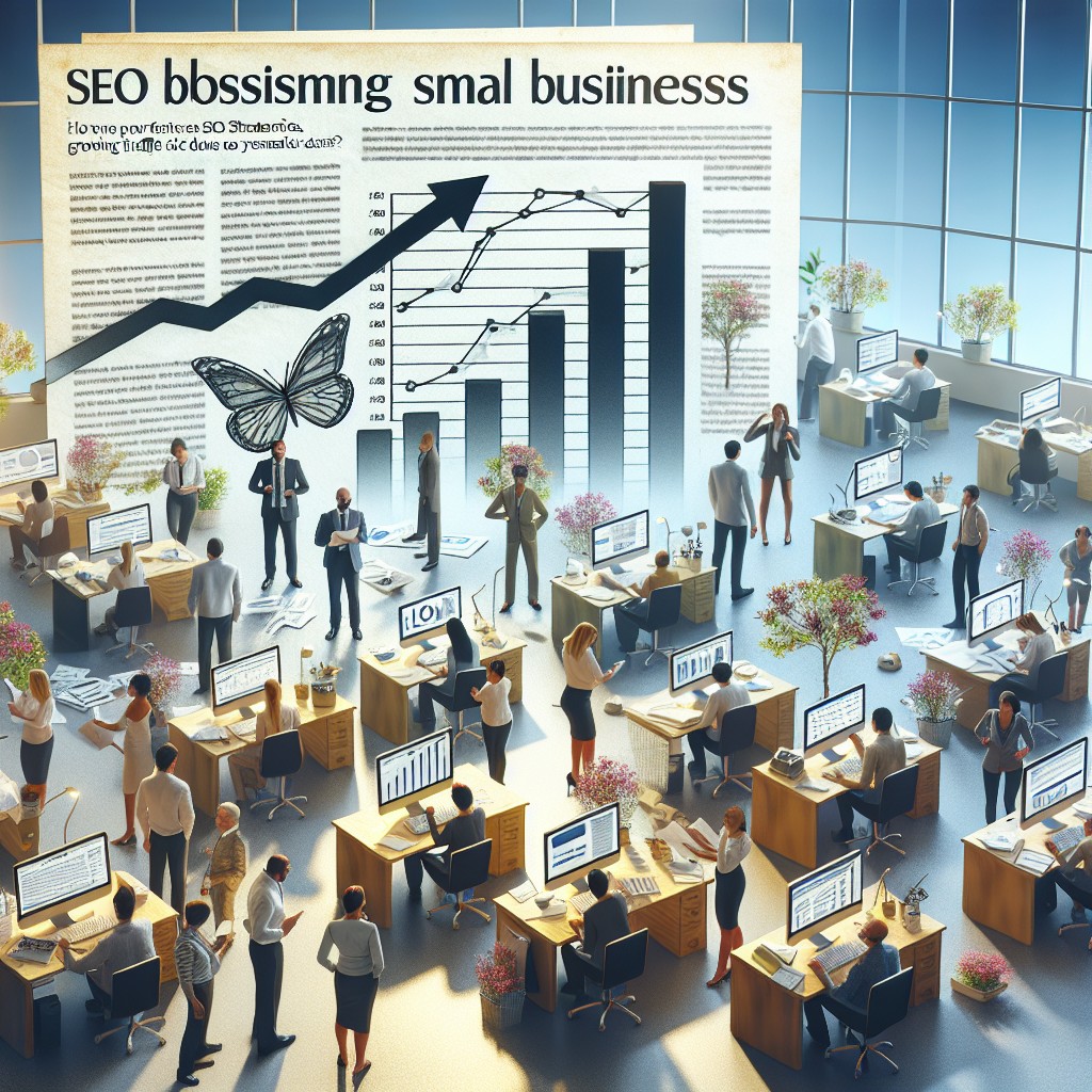 Couverture d'article montrant une petite entreprise en pleine croissance grâce à des techniques de SEO efficaces, avec des graphiques de montée de trafic en arrière-plan.