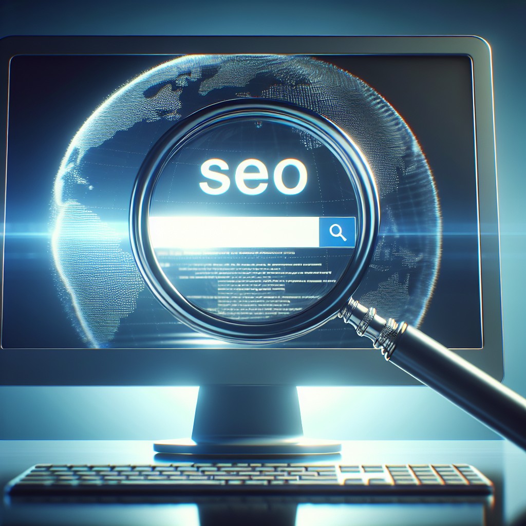 Une loupe sur un ordinateur montrant des résultats de recherche SEO