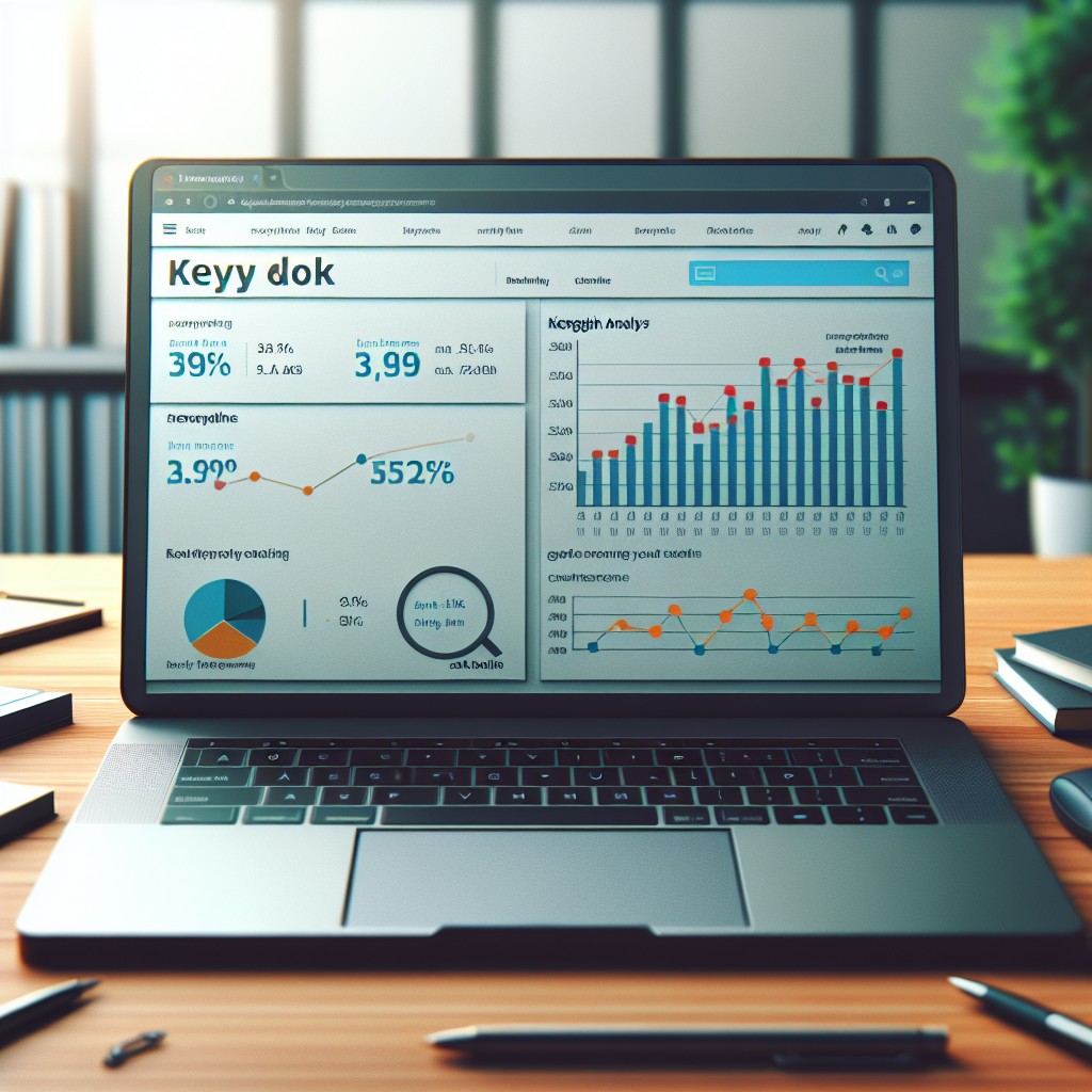 Ordinateur portable affichant des résultats d'analyse de mots-clés avec un graphique de croissance en arrière-plan.