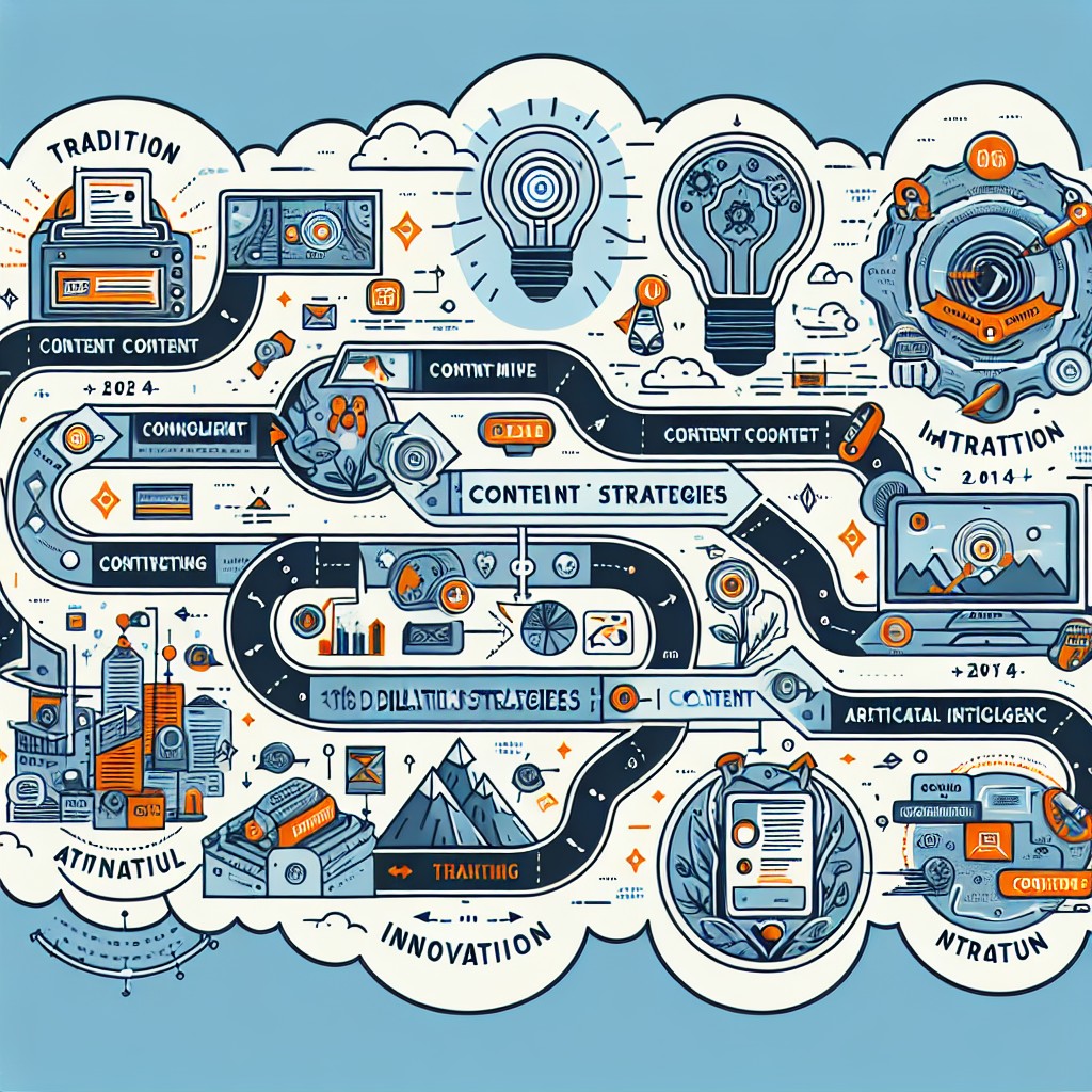 Image illustrant l'évolution des stratégies de contenu, avec des éléments comme l'IA et le contenu interactif.