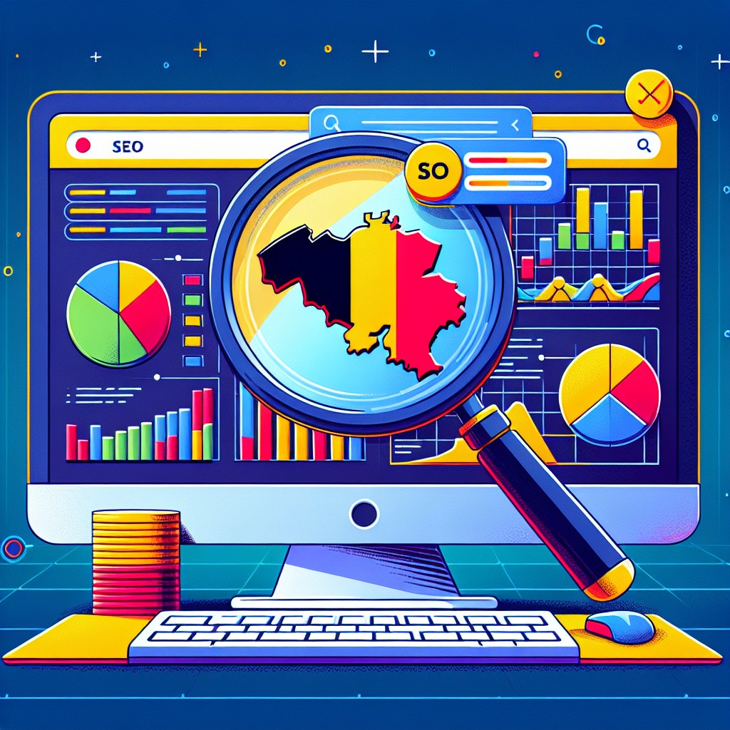 Illustration d'un écran d'ordinateur affichant des résultats de recherche SEO optimisés, avec un focus sur la carte de la Belgique.