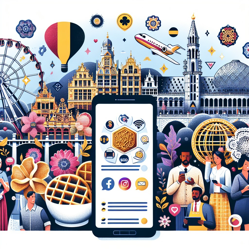 Image représentant la diversité culturelle de la Belgique avec des éléments de marketing digital.