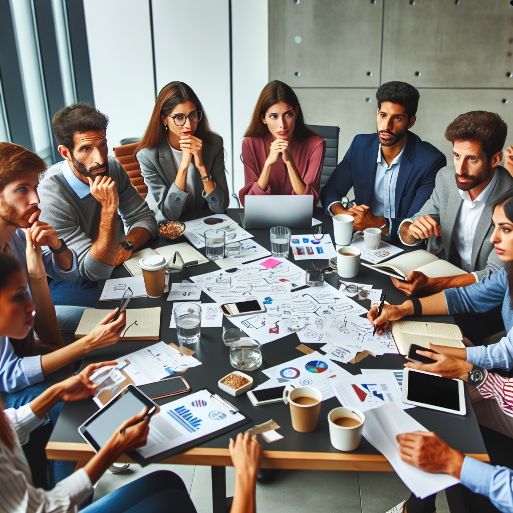 Groupe d'entrepreneurs dynamiques et engagés lors d'une séance de brainstorming sur des stratégies de marketing digital efficaces pour PME.