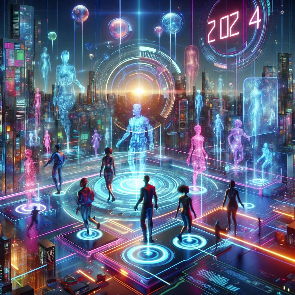 Personnalités interactives futuristes navigant dans un univers digital vibrant pour 2024