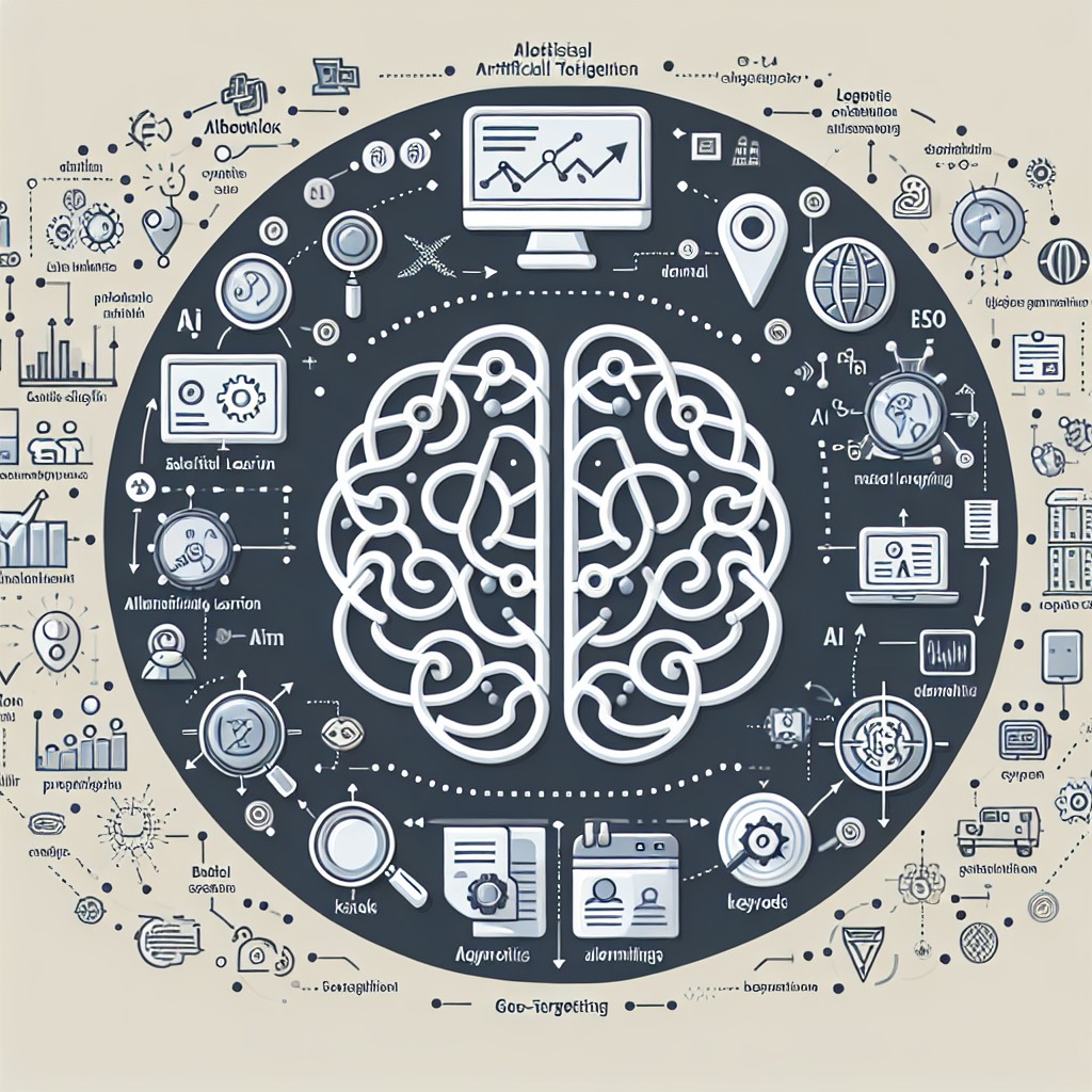 Une infographie représentant l'interaction entre l'intelligence artificielle et le référencement local.