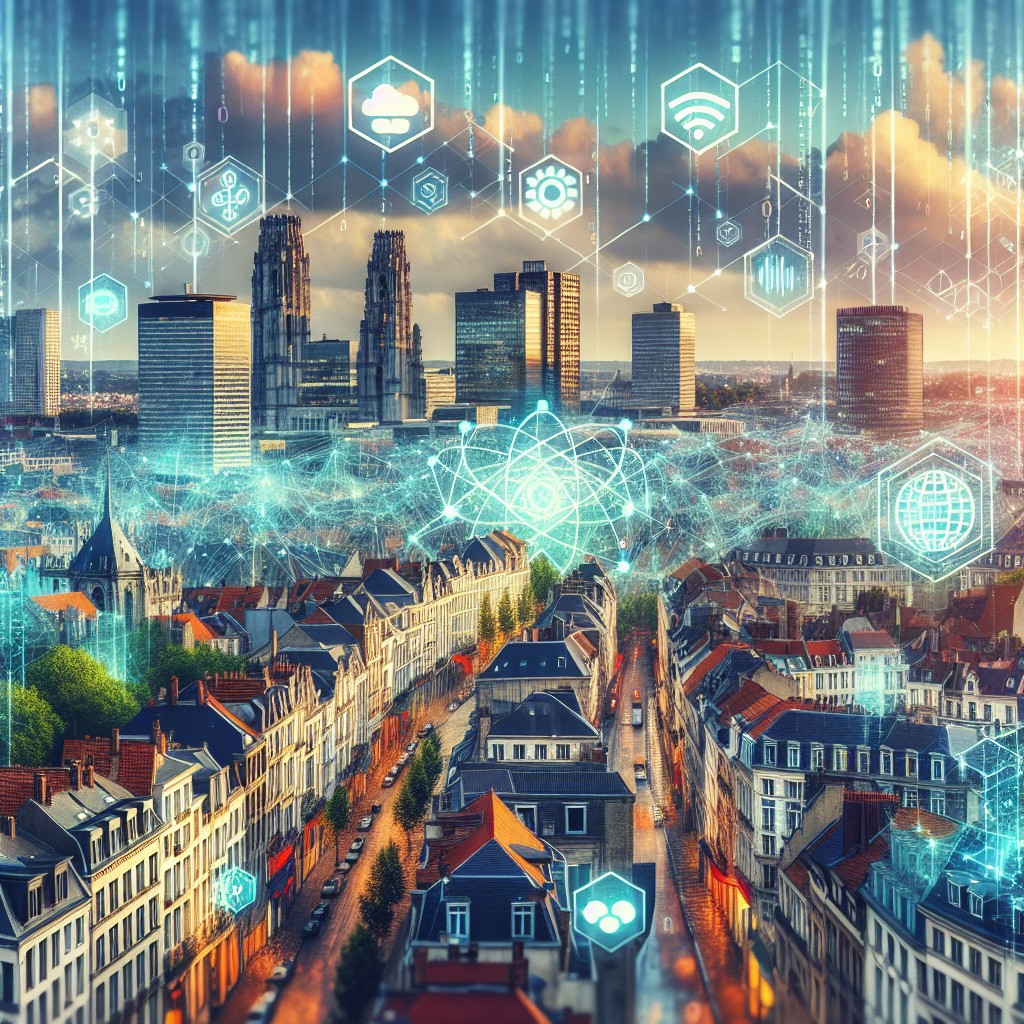 Bruxelles, modern cityscape with digital technology symbols overlay