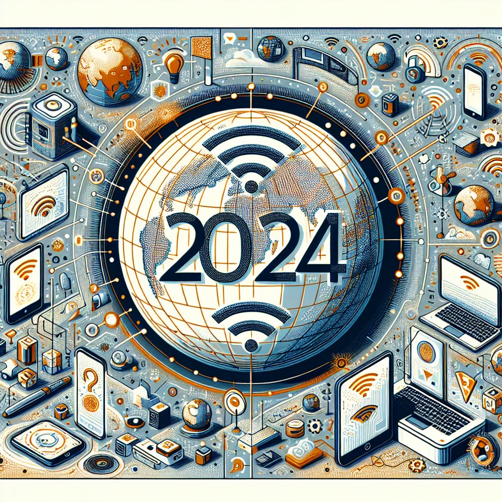 Couverture illustrant l'importance croissante de la présence digitale en 2024 avec des éléments technologiques modernes.