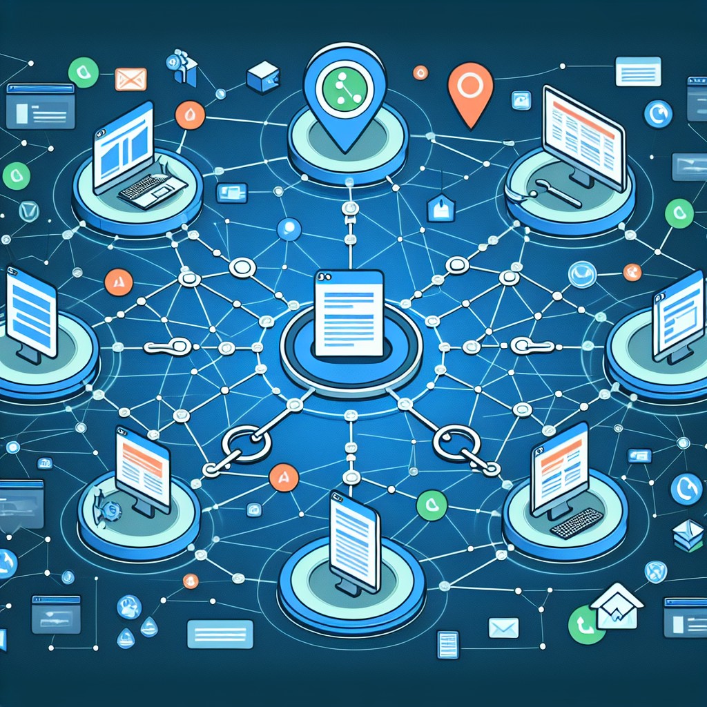 Illustration représentant un réseau de liens hypertextes reliant plusieurs sites web pour symboliser l'importance des backlinks en SEO.