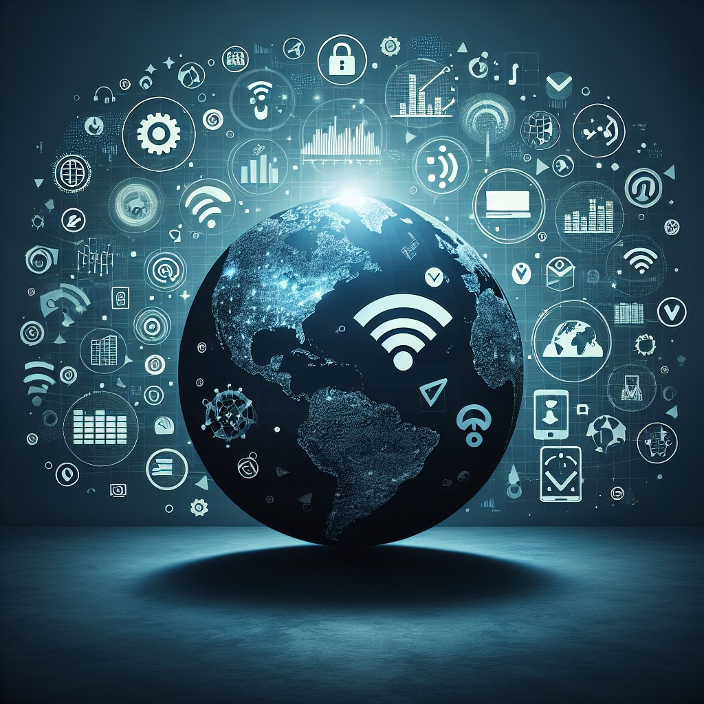 Illustration d'une silhouette de globe terrestre recouverte d'icônes numériques symbolisant la visibilité en ligne pour une entreprise moderne.