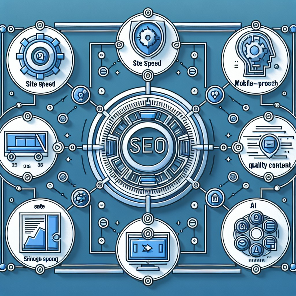 Une infographie représentant les éléments clés du SEO en 2024, incluant des icônes de vitesse de site, mobile-first, IA et contenu de qualité.