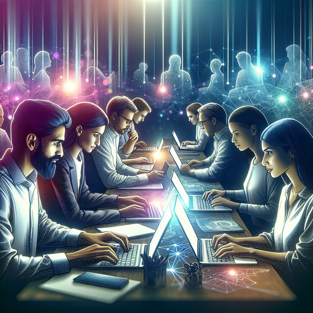 Image de couverture représentant des entrepreneurs travaillant sur des ordinateurs avec des éléments digitaux autour.