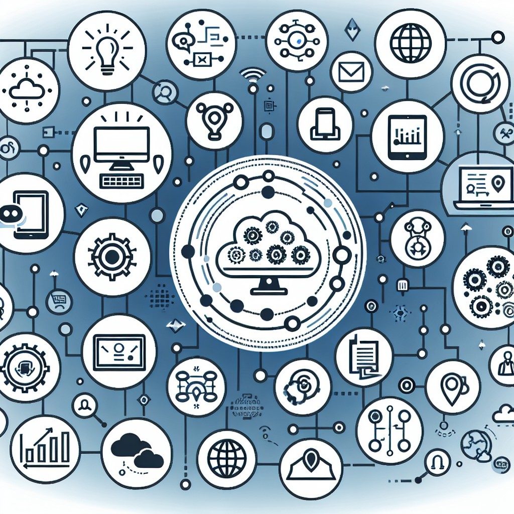 Une illustration montrant des icônes de technologie et de business interconnectées, représentant la digitalisation en entreprise.