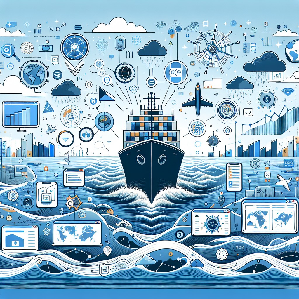 Illustration d'une entreprise naviguant à travers le monde numérique avec des éléments de présence digitale comme réseaux sociaux, sites web et analyse de données.